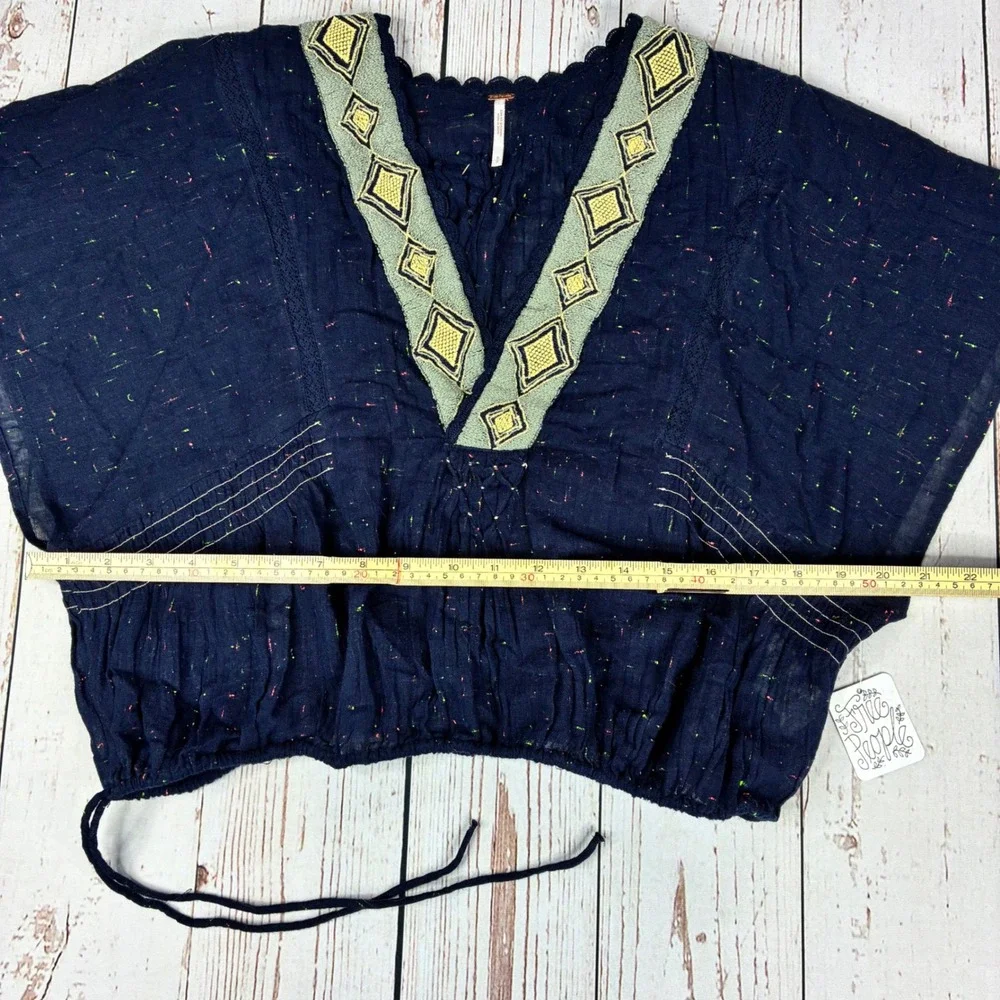 Free People Navy Blue Gauze Embroidered V-Neck Drawstring Top OB1157299 Womens S